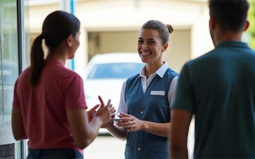 Staff member greeting a customer at the car wash entrance, indicating arrival and assessment.