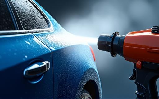 A car being dried using powerful air blowers to prevent water spots.
