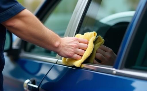 A staff member carefully cleaning car windows as a final exterior touch.