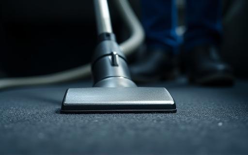 A staff member vacuuming the car's interior floor and mats.