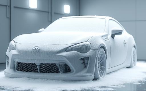 A car being coated in a thick layer of pre-wash foam to loosen dirt and grime.