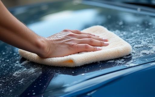 Close-up of a car being washed by hand or machine, showing cleaning technique.