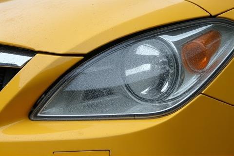 Close up of hazy headlight being restored to clarity.
