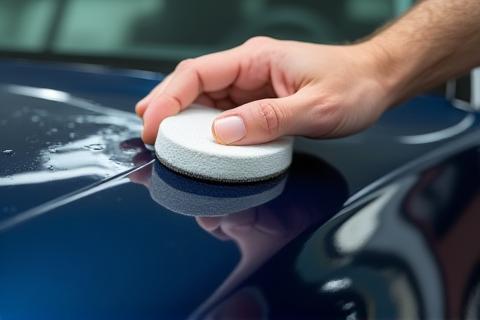 Applying wax or sealant to a car's paint surface.