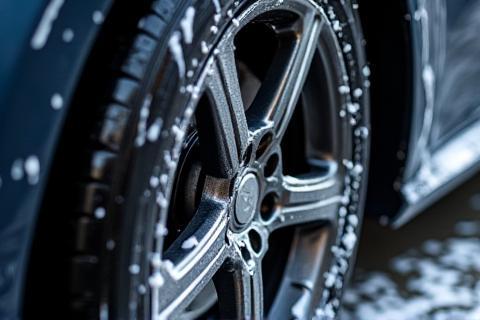 Close-up of a car wheel and tire being cleaned.
